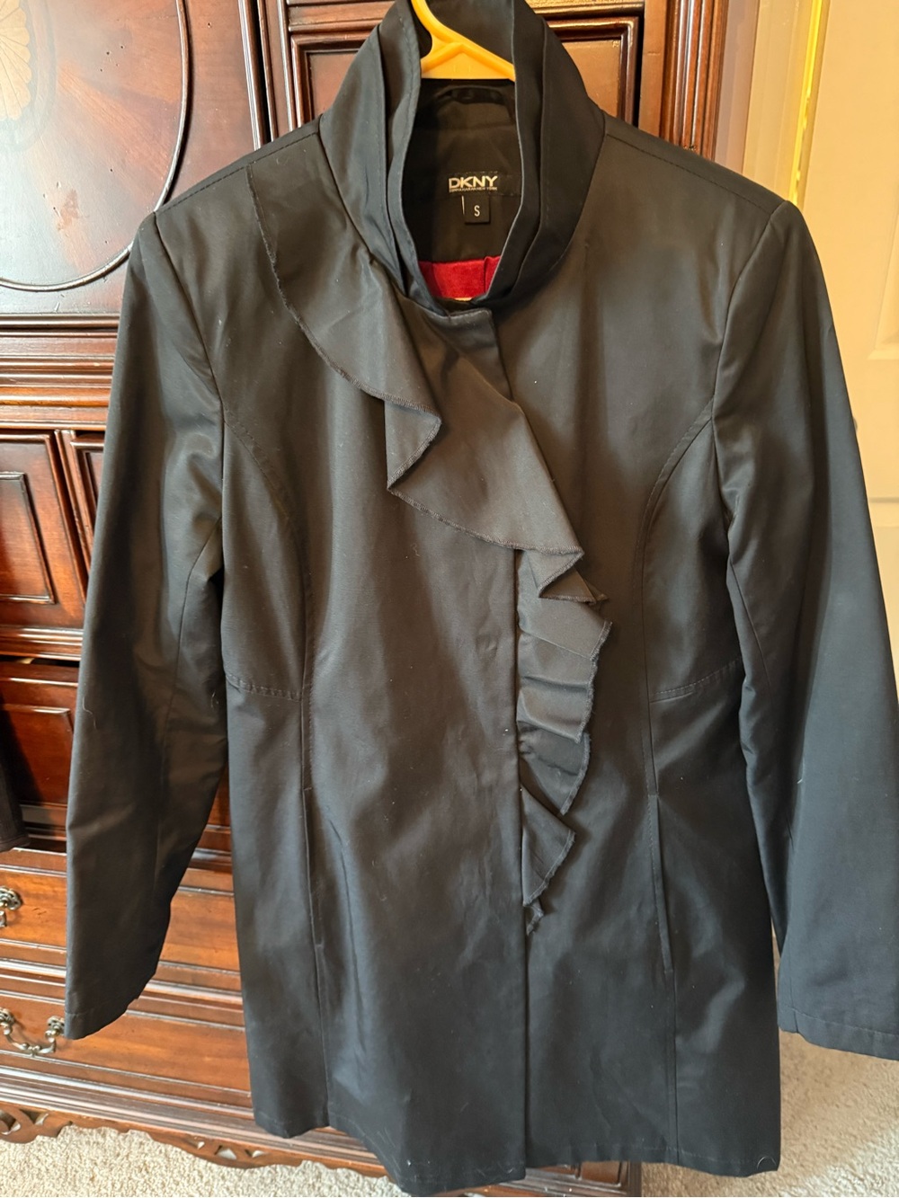 DKNY Women's Black Ruffle-Front Coat Size Small